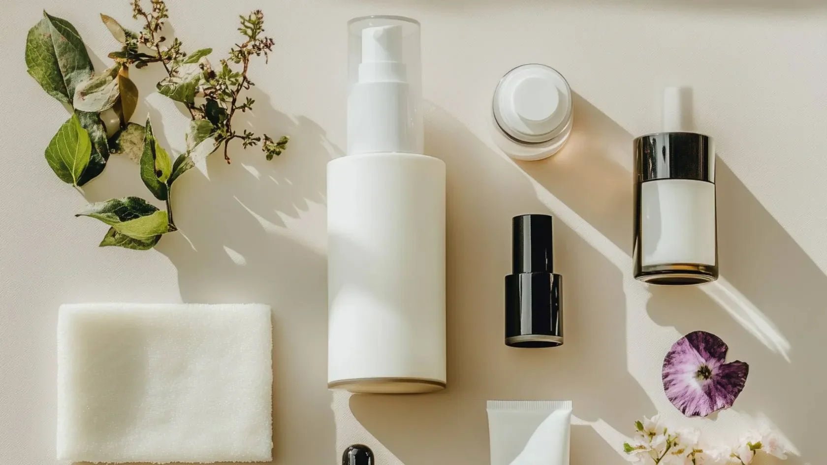 Flatlay moderner Skincare-Produkte mit Pflanzenextrakten, Symbolbild für Hautpflegefehler und ihre Lösungen