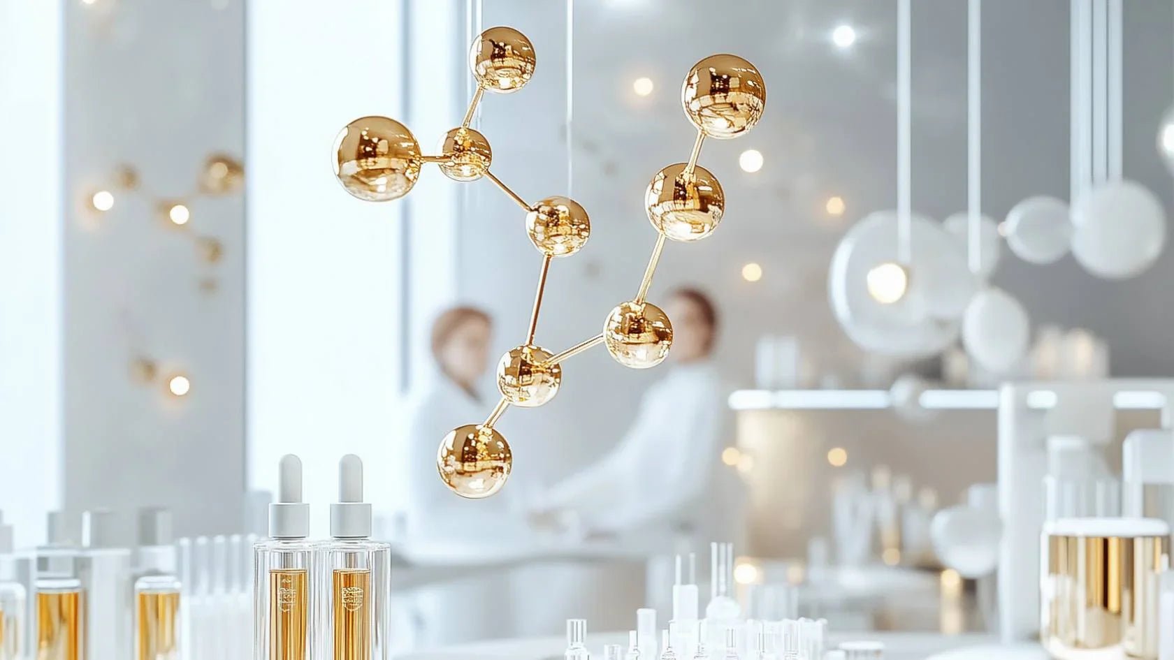 Goldene Molekülstruktur schwebt im hellen Hightech-Labor – Symbol für innovative Luxus-Hautpflege mit Goldtechnologie